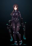 ass_visible_through_thighs bangs black_background bodysuit breasts brown_eyes brown_hair full_body gantz gantz_suit gun highres large_breasts long_hair looking_at_viewer shimohira_reika shiny shiny_clothes simple_background solo standing thigh_gap tight weapon yuuji_(and) 