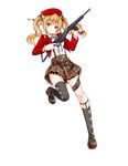  bangs belt beret blonde_hair brown_footwear buttons closed_mouth collared_shirt floating_hair full_body gem girls_frontline gun hair_between_eyes hair_ribbon hat high-waist_skirt highres holding holding_gun holding_weapon jacket leg_belt light_smile looking_at_viewer mary_janes official_art open_clothes open_jacket red_hat red_jacket ribbon shirt shoes skirt socks solo standing standing_on_one_leg sten_gun sten_mk2_(girls_frontline) suspender_skirt suspenders tareme transparent_background twintails weapon yellow_eyes 