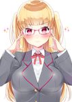  adjusting_eyewear blonde_hair blush breasts collared_shirt eyebrows eyebrows_visible_through_hair glasses highres large_breasts long_hair looking_at_viewer neck_ribbon nezumidoshi pink-framed_eyewear red_eyes red_ribbon ribbon school_uniform shirt simple_background solo sparkle_background tokyo_7th_sisters two_side_up uesugi_u_kyouko upper_body white_shirt 