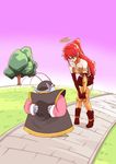  1girl :o antennae arms_behind_back bare_shoulders blue_skin brick collarbone crossover dragon_ball dragon_ball_z grass green_eyes halo height_difference knees_together_feet_apart long_hair meteoride north_kaiou north_kaiou's_planet ponytail pyrrha_nikos red_hair road rwby skirt spoilers tree 