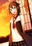  :d braid brown_hair hair_flaps hair_ornament hair_over_shoulder jacket kantai_collection looking_at_viewer necktie open_mouth pleated_skirt remodel_(kantai_collection) sahuyaiya shigure_(kantai_collection) single_braid skirt smile solo sunset window 