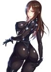  ass bangs black_bodysuit bodysuit breasts brown_eyes brown_hair covered_nipples cowboy_shot from_behind gantz gantz_suit highres large_breasts long_hair looking_at_viewer looking_back parted_lips shimohira_reika shiny shiny_clothes simple_background skin_tight solo standing tight trefoil white_background yuuji_(and) 