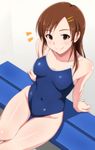  alternate_hairstyle bench blue_swimsuit blush breasts brown_eyes brown_hair collarbone competition_school_swimsuit covered_navel futami_mami groin hair_down hair_ornament hairclip idolmaster idolmaster_(classic) long_hair one-piece_swimsuit school_swimsuit sitting small_breasts smile solo swimsuit tengu_(tetuo_kun) thigh_gap thighs 