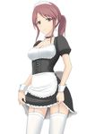  1mm_(norizo) alternate_costume apron breasts brown_eyes brown_hair choker cleavage closed_mouth collarbone commentary_request enmaided eyebrows eyebrows_visible_through_hair frilled_choker frills garter_straps highres idolmaster idolmaster_cinderella_girls lifted_by_self long_hair looking_at_viewer maid maid_apron maid_headdress medium_breasts mifune_miyu ponytail simple_background skirt skirt_lift smile solo thighhighs underbust white_background white_legwear wrist_cuffs 