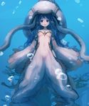  bare_shoulders bee_(deadflow) blue_background blue_hair blush bubble collarbone dress full_body granblue_fantasy monster_girl open_mouth pointy_ears red_eyes sleeves_past_wrists solo tentacles underwater white_dress 