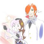  1girl anger_vein angry ascot blank_eyes check_translation coat gloves green_eyes hair_over_one_eye hand_on_another's_head height_difference iesupa jewelry lips multicolored_hair necklace neo_(rwby) roman_torchwick rwby translation_request upper_body 