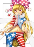  american_flag_dress american_flag_legwear bangs blonde_hair clownpiece commentary_request cowboy_shot daitai_konna_kanji dress fairy_wings hat heart jester_cap long_hair mouth_hold neck_ruff pantyhose pantyhose_pull pink_eyes polka_dot simple_background solo spoken_heart standing star star_print striped touhou very_long_hair white_background wings 