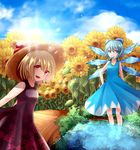  :d adapted_costume backlighting bare_arms bare_shoulders blood blue_bow blue_dress blue_eyes blue_hair bow bridge cirno day dress field flower flower_field food food_in_mouth hair_bow hand_on_hip hat hat_ribbon ice ice_wings looking_at_viewer multiple_girls open_mouth partially_submerged pool popsicle red_eyes red_ribbon ribbon rumia sakipsakip short_hair smile sun_hat sundress sunflower sunlight touhou wading wings 