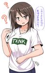  ? breasts brown_eyes brown_hair commentary_request denim girls_und_panzer jeans large_breasts long_hair mika_(girls_und_panzer) open_mouth pants shirt smile solo t-shirt translated tsuzuri_(tuzuri) v-neck yen_sign 