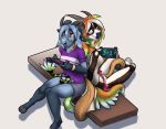  absurd_res anthro blue_hair bovid capricorn chazcatrix chazcatrix_(character) clothed clothing duo female fully_clothed hair hi_res horn long_hair male mammal penis pussy sex sitting smile thalis thalislixeon 