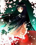  black_hair closed_mouth flower from_side hime_cut houraisan_kaguya japanese_clothes kimono long_hair long_sleeves looking_at_viewer looking_to_the_side red_eyes red_skirt sakipsakip skirt sleeves_past_wrists solo touhou very_long_hair wide_sleeves 