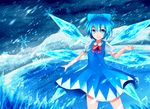  &gt;:) blizzard blue_bow blue_dress blue_eyes blue_hair bow bowtie cirno closed_mouth commentary_request cowboy_shot dress hair_bow ice ice_wings looking_at_viewer puffy_short_sleeves puffy_sleeves red_bow red_neckwear sakipsakip short_hair short_sleeves smile snowflakes solo touhou v-shaped_eyebrows wings 