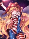  american_flag_dress american_flag_legwear arm_behind_head arms_up blonde_hair blush clownpiece cowboy_shot dress fairy_wings fangs fire hat highres holding jester_cap long_hair looking_at_viewer neck_ruff pantyhose polka_dot red_eyes shan short_dress smile solo standing star star_print striped torch touhou tsurime very_long_hair wings 