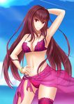  arm_up armpits bad_id bad_pixiv_id bikini bracelet breasts cowboy_shot day fate/grand_order fate_(series) jewelry long_hair looking_at_viewer medium_breasts navel ocean outdoors purple_hair purple_sarong randoru red_eyes sarong scathach_(fate)_(all) scathach_(swimsuit_assassin)_(fate) see-through sky smile solo standing swimsuit 