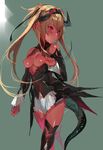  bad_id bad_twitter_id bare_shoulders blonde_hair breasts character_request detached_sleeves highres horns long_hair magaeshi medium_breasts nipples pointy_ears red_eyes skirt solo thighhighs twintails 