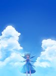  :d ^_^ blue_bow blue_dress blue_hair bow cirno closed_eyes cloud commentary_request cowboy_shot day dress facing_viewer hair_bow ice ice_wings neck_ribbon open_mouth outdoors puffy_short_sleeves puffy_sleeves red_ribbon ribbon sakipsakip short_hair short_sleeves sky smile solo touhou wings 