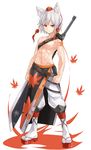  abs animal_ears bad_id bad_pixiv_id baggy_pants belt closed_mouth elusya full_body genderswap genderswap_(ftm) geta groin hat highres inubashiri_momiji leaf looking_at_viewer loose_belt male_focus maple_leaf midriff navel orange_eyes pants sarong sheath sheathed shirtless smile solo stomach sword tabi tokin_hat touhou weapon weapon_on_back white_hair white_legwear white_pants wolf_ears 