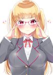  absurdres adjusting_eyewear bad_id bad_twitter_id blonde_hair blush breasts buttons collared_shirt eyebrows eyebrows_visible_through_hair glasses highres large_breasts long_hair looking_at_viewer neck_ribbon nezumidoshi pink-framed_eyewear red_eyes red_ribbon ribbon school_uniform shirt simple_background solo sparkle_background tokyo_7th_sisters two_side_up uesugi_u_kyouko upper_body white_shirt 