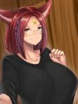  1girl arala_makeo final_fantasy final_fantasy_xiv glasses heterochromia milf miqo&#039;te red_hair selfie 