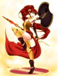  1girl armor artist_request bare_shoulders boots elbow_gloves female fighting_stance full_body gorget green_eyes high_heel_boots leg_armor looking_back open_mouth ponytail pyrrha_nikos red_hair round_teeth rwby sash shield simple_background solo spear stance standing_on_one_leg strapless tiara very_long_hair weapon 