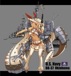  :d absurdres anchor arm_up belt blonde_hair blue_eyes blush braid breasts cannon cape chain character_name covered_nipples dark_skin feathers flag_of_the_united_states_navy full_body gloves gun handgun hat highres holding holding_gun holding_weapon legs_apart long_hair looking_to_the_side machinery mechanical_arms medium_breasts midriff military military_vehicle navel official_art oklahoma_(zhan_jian_shao_nyu) open_mouth pelvic_curtain photo_background poster_(object) radar remodel_(zhan_jian_shao_nyu) revolver rigging ship sirills smile solo standing teeth text_focus thighhighs trigger_discipline turret underboob v-shaped_eyebrows warship watercraft weapon white_gloves white_hat white_legwear zhan_jian_shao_nyu 