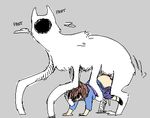  amalgamate ambiguous_gender anal anal_penetration canine clothed clothing cum_leaking dog duo endogeny fur mammal panting penetration protagonist_(undertale) simple_background undertale video_games 