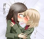  2girls ?? blonde_hair brown_hair child drunk eyes_closed girls_und_panzer heart katyusha kiss kurokoshou_(emuburemu123) long_hair long_sleeves multiple_girls nonna shiny shiny_hair upper_body yuri 