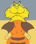  2016 abs anthro anthrofied biceps convenient_censorship duo electricity eye_contact feral fist flexing front_view fur grin huge_muscles hyper hyper_muscles imminent_pain male mammal muscular neck_muscles nintendo nude pecs pikachu pok&eacute;mon raichu rape_face rear_view rodent simple_background size_difference sweat sweatdrop triceps tyr_remora video_games yellow_fur 