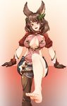  :d animal_ears barbariank barefoot boots breasts brown_hair cleavage erune eyebrows_visible_through_hair feet gloves granblue_fantasy grey_eyes hair_ornament highres la_coiffe_(granblue_fantasy) leaf_hair_ornament legs long_hair looking_at_viewer medium_breasts miniskirt open_mouth puffy_sleeves short_sleeves single_boot sitting skirt smile solo thighhighs 