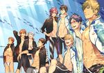  adonis_belt arms_behind_head black_hair blonde_hair blue_eyes blue_hair blush brown_hair crossed_arms dethmath free! glasses green_eyes hazuki_nagisa jacket jacket_on_shoulders jammers leaning_forward male_focus male_swimwear matsuoka_rin mikoshiba_momotarou mikoshiba_seijuurou mole multiple_boys nanase_haruka_(free!) navel nitori_aiichirou open_mouth orange_hair pink_eyes purple_eyes red-framed_eyewear red_hair ryuugazaki_rei sharp_teeth shirtless smile swim_briefs swimwear tachibana_makoto teeth yamazaki_sousuke 