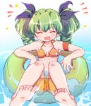  1girl :d ^_^ absurdres afloat anchovy arm_support armband armpits bangs barefoot bikini blue_ribbon blush breasts cleavage closed_eyes drill_hair fang feet girls_und_panzer green_hair green_innertube hair_ribbon happy highres innertube knees_up komatsu_tsumako laughing leaning_back open_mouth orange_bikini partially_submerged ribbon signature small_breasts smile soles solo splashing star swimsuit toes transparent twin_drills water wet 