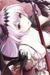  armor bangs between_breasts breasts camisole dark_jeanne dark_persona demon_wings flower granblue_fantasy hair_between_eyes hair_flower hair_ornament holding holding_sword holding_weapon jeanne_d'arc_(granblue_fantasy) kz_nagomiya long_hair open_mouth red_eyes shingeki_no_bahamut solo sword weapon white_hair white_skin wings 