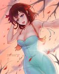  autumn blue_dress blue_eyes blush breasts brown_hair cleavage dress earrings eliskalti exercise falling falling_leaves hair_ribbon heart jewelry leaf looking_at_viewer medium_breasts mole mole_under_eye orange_sky patreon_username pixiv_id princess_maker push-ups ribbon short_hair sky solo sun tree watermark web_address 