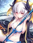  artist_name between_breasts bikini blue_bikini blush bow breasts coat eyebrows eyebrows_visible_through_hair fate/grand_order fate_(series) frilled_bikini frills hair_between_eyes hair_bow horns kiyohime_(fate/grand_order) kiyohime_(swimsuit_lancer)_(fate) kousaki_rui long_hair medium_breasts navel polearm ponytail red_eyes signature smile solo swimsuit swimsuit_under_clothes weapon 