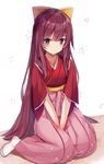  between_legs bow cherry_blossoms floral_background hair_bow hakama hand_between_legs highres japanese_clothes kamikaze_(kantai_collection) kantai_collection karumayu kimono light_blush long_hair looking_at_viewer no_shoes purple_eyes purple_hair simple_background sitting solo v_arms very_long_hair wariza white_background white_legwear 