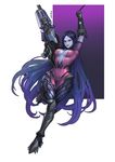  absurdres alternate_hairstyle bodysuit breasts center_opening cleavage drogod gun hair_down highres large_breasts long_hair looking_at_viewer overwatch pink_bodysuit plunging_neckline purple_hair purple_skin smile solo swinging very_long_hair weapon widowmaker_(overwatch) yellow_eyes 