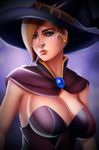 alternate_costume blonde_hair blue_eyes breasts brooch capelet cleavage earrings halloween_costume hat highres jack-o'-lantern jack-o'-lantern_earrings jewelry large_breasts lips looking_at_viewer mercy_(overwatch) nose overwatch purple_background short_sleeves solo upper_body v1mpaler witch_hat witch_mercy 