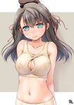  arms_behind_back ayama_yuiya bangs blush bra breasts brown_hair cleavage_cutout eyebrows eyebrows_visible_through_hair green_eyes hair_ribbon kokoro_rista! large_breasts long_hair mercedes_japon_urena navel panties ribbon smile solo two_side_up underwear 