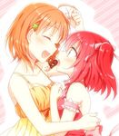  :d ^_^ ahoge aqua_eyes arm_around_back arm_garter bangs bow bowtie chocolate clenched_hand closed_eyes clover_hair_ornament dress face-to-face feeding hair_bow hair_ornament kurosawa_ruby love_live! love_live!_sunshine!! multiple_girls nyakelap open_mouth orange_hair pink_bow pink_neckwear red_dress sash smile takami_chika two_side_up upper_body yellow_dress yuri 