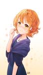  alternate_hairstyle artist_name bangs blush commentary_request dress flying_sweatdrops from_side hair_twirling highres hoshizora_rin jewelry love_live! love_live!_school_idol_project necklace nose_blush orange_hair runamochi shawl short_hair smile solo upper_body wavy_hair yellow_eyes 