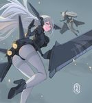  ass august1st blue_eyes grey_hair high_heels highres insignia j-20 legs leotard long_hair looking_at_viewer mecha_musume multiple_girls original pantyhose personification robot_ears sima_naoteng smile thighband_pantyhose white_legwear wings 