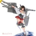  absurdres armpits black_hair breasts cannon detached_sleeves flight_deck geta hair_ornament headgear highres japanese_clothes kantai_collection large_breasts machinery nontraditional_miko open_mouth red_eyes scharfschutze short_hair solo standing standing_on_one_leg turret twitter_username water wide_sleeves yamashiro_(kantai_collection) 