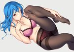  black_legwear blue_hair blush bra breast_suppress breasts cleavage collarbone folded_leg foot_hold grey_background gusset head_tilt lace lace_bra lace_panties leg_up legs light_blush long_hair looking_at_viewer medium_breasts navel no_shoes open_mouth orange_eyes original panties panties_under_pantyhose pantyhose pink_bra pink_panties plantar_flexion print_bra print_panties sideways_glance simple_background solo sugarbeat thighband_pantyhose toe-point tsurime underwear underwear_only 