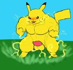  2016 anthro anthrofied balls biceps blush charging_up cracks crouching digitigrade electricity energy erection fangs fist front_view fur huge_muscles hyper hyper_muscles male mammal muscular neck_muscles nintendo nude open_mouth pecs penis pikachu pok&eacute;mon quads rodent smile smirk solo tapering_penis teeth tyr_remora video_games yellow_fur 