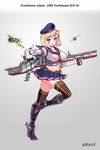  aa_gun aircraft aircraft_carrier airplane anchor antiaircraft_weapon belt black_footwear blonde_hair blue_eyes boots breasts brown_belt character_name commentary_request copyright_name elbow_gloves f2a_buffalo full_body g.h_(gogetsu) gloves grey_background hair_ornament hairclip hat highres knee_boots large_breasts leg_up mecha_musume military military_vehicle miniskirt navel official_art pointing pointing_at_viewer rigging sailor sailor_collar sailor_hat sailor_shirt ship shirt skirt sleeveless solo tattoo text_focus thighhighs trigger_discipline warship watercraft yorktown_(zhan_jian_shao_nyu) zettai_ryouiki zhan_jian_shao_nyu 