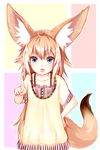 :o absurdres animal_ears blonde_hair blue_eyes camisole commentary_request fox_ears fox_tail hand_on_hip highres long_hair looking_at_viewer original pointing pointing_at_viewer scolding shirt short_sleeves solo sukemyon tail undershirt v-shaped_eyebrows 