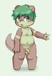 4_fingers balls blush cub exige flaccid green_eyes green_hair hair male mammal mustelid open_mouth otter penis solo standing uncut young 