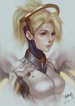  2016 blonde_hair blue_eyes bodysuit breasts closed_mouth dated ears expressionless grey_background high_ponytail highres lips mechanical_halo mechanical_wings medium_breasts mercy_(overwatch) nose overwatch realistic signature simple_background solo upper_body wings yellow_wings yu_xiang_qiezi 