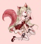  96dgd absurdres animal_ears bare_shoulders brown_hair dog_ears dress elin_(tera) gloves highres long_hair mary_janes one_eye_closed paw_pose red_eyes shoes sitting smile solo strapless strapless_dress tail tera_online thighhighs twintails white_legwear 