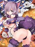  alternate_costume animal_ears ass bare_shoulders blush bow breasts commentary_request dangerous_beast elbow_gloves eyes_visible_through_hair fate/grand_order fate_(series) fur-trimmed_gloves fur_trim ghost gloves hair_over_one_eye halloween_costume kemonomimi_mode large_breasts looking_at_viewer looking_back mash_kyrielight o-ring open_mouth patchouligo pink_bow pumpkin purple_eyes purple_hair revealing_clothes short_hair solo standing star starry_background tail thighs wolf_ears wolf_tail 